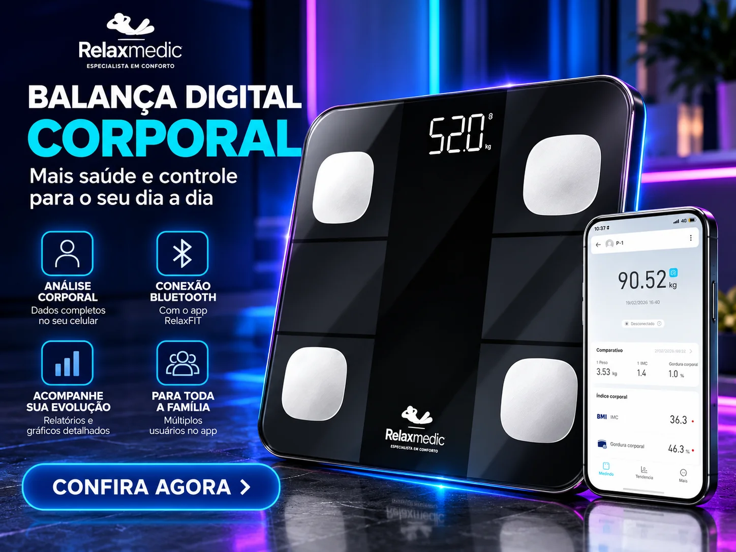Balança Digital Corporal Bioimpedância Relaxmedic